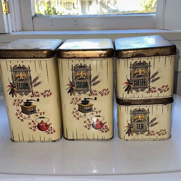 Vintage mid century Cheinco Housewares 1776 off white metal canister set - Picture 1 of 10